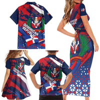 Dominican Republic Independence Day Family Matching Short Sleeve Bodycon Dress and Hawaiian Shirt 27th February Coat Of Arms Grunge Texture