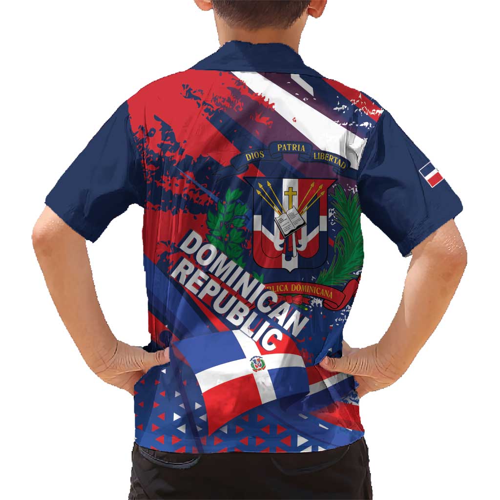 Dominican Republic Independence Day Family Matching Summer Maxi Dress and Hawaiian Shirt 27th February Coat Of Arms Grunge Texture
