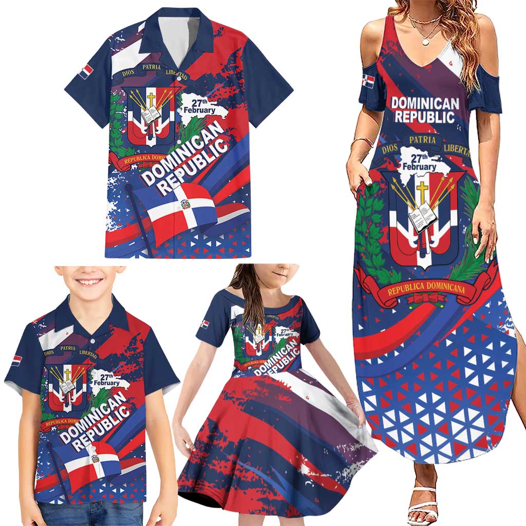 Dominican Republic Independence Day Family Matching Summer Maxi Dress and Hawaiian Shirt 27th February Coat Of Arms Grunge Texture