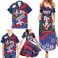 Dominican Republic Independence Day Family Matching Summer Maxi Dress and Hawaiian Shirt 27th February Coat Of Arms Grunge Texture