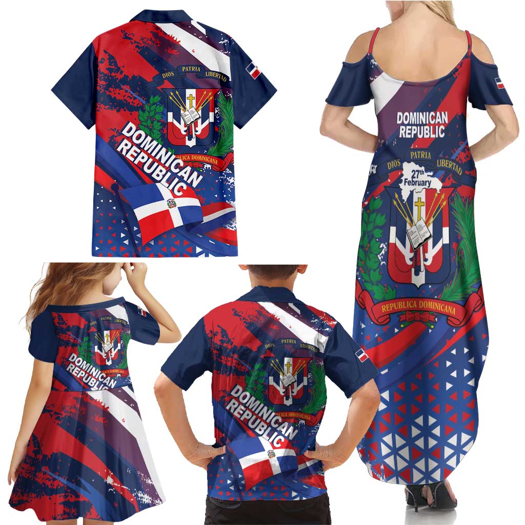 Dominican Republic Independence Day Family Matching Summer Maxi Dress and Hawaiian Shirt 27th February Coat Of Arms Grunge Texture