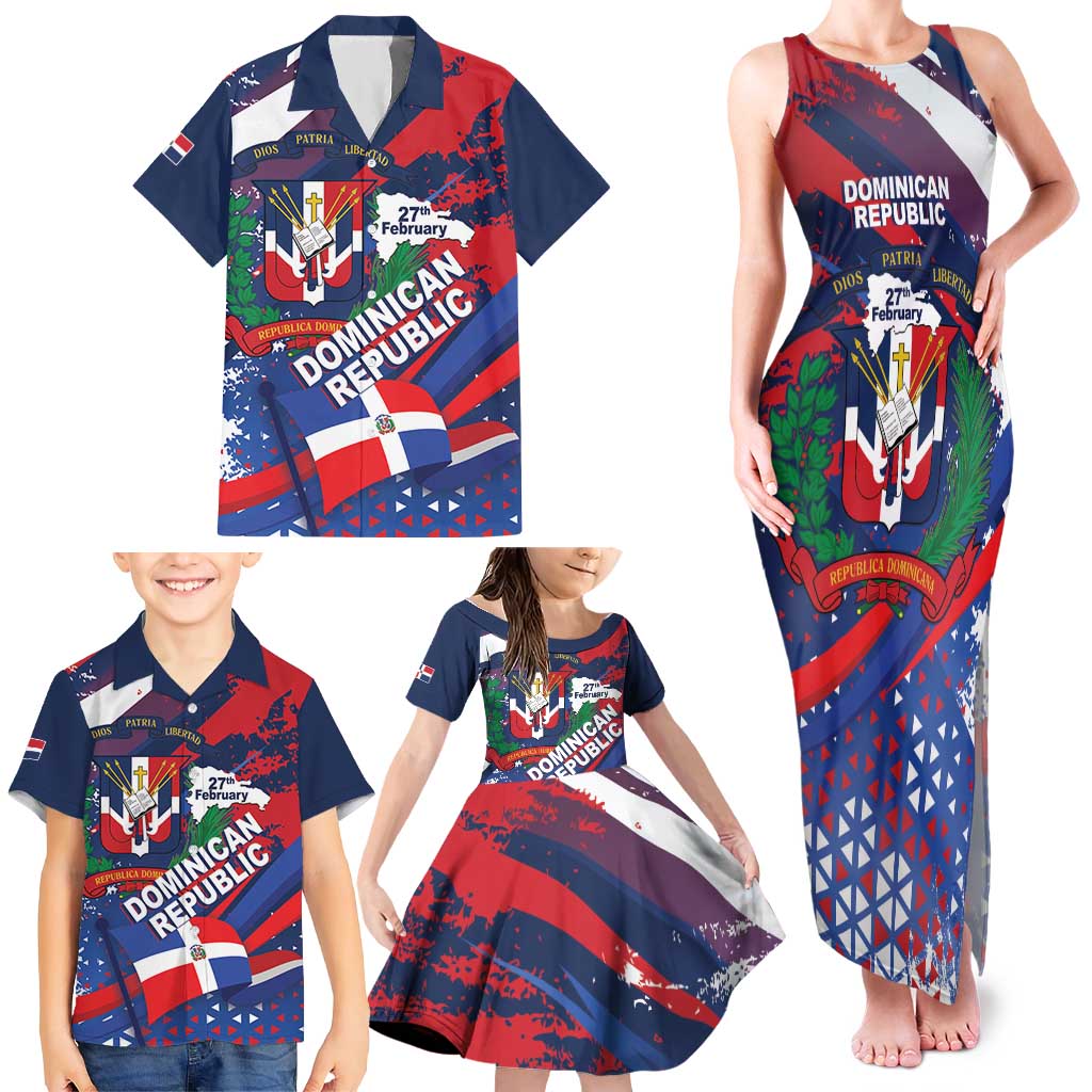 Dominican Republic Independence Day Family Matching Tank Maxi Dress and Hawaiian Shirt 27th February Coat Of Arms Grunge Texture
