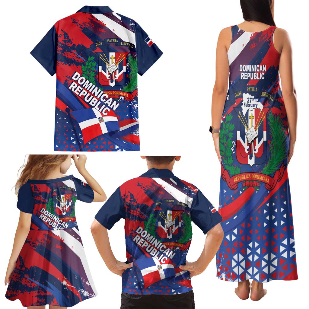 Dominican Republic Independence Day Family Matching Tank Maxi Dress and Hawaiian Shirt 27th February Coat Of Arms Grunge Texture