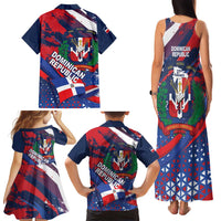 Dominican Republic Independence Day Family Matching Tank Maxi Dress and Hawaiian Shirt 27th February Coat Of Arms Grunge Texture