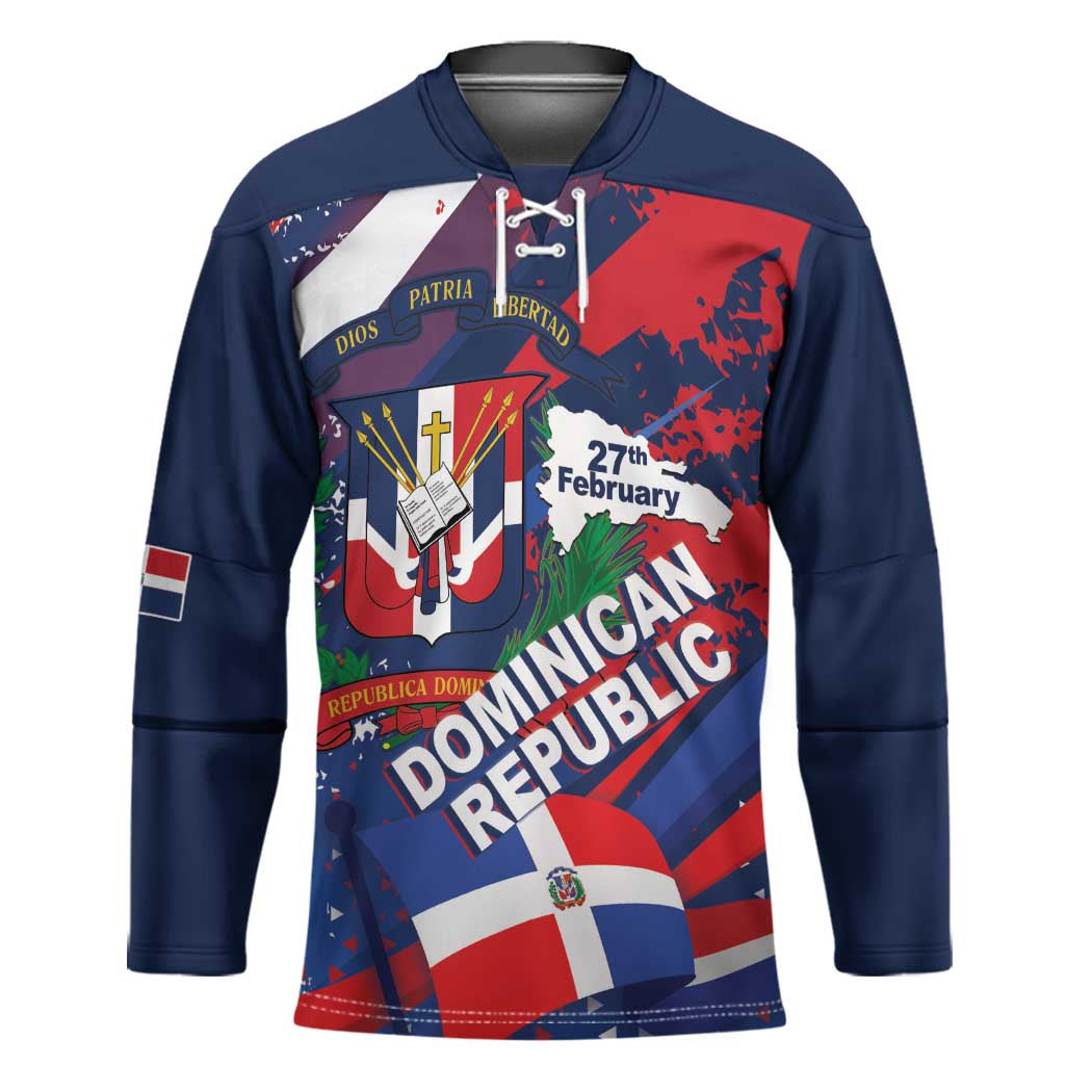 Dominican Republic Independence Day Hockey Jersey 27th February Coat Of Arms Grunge Texture