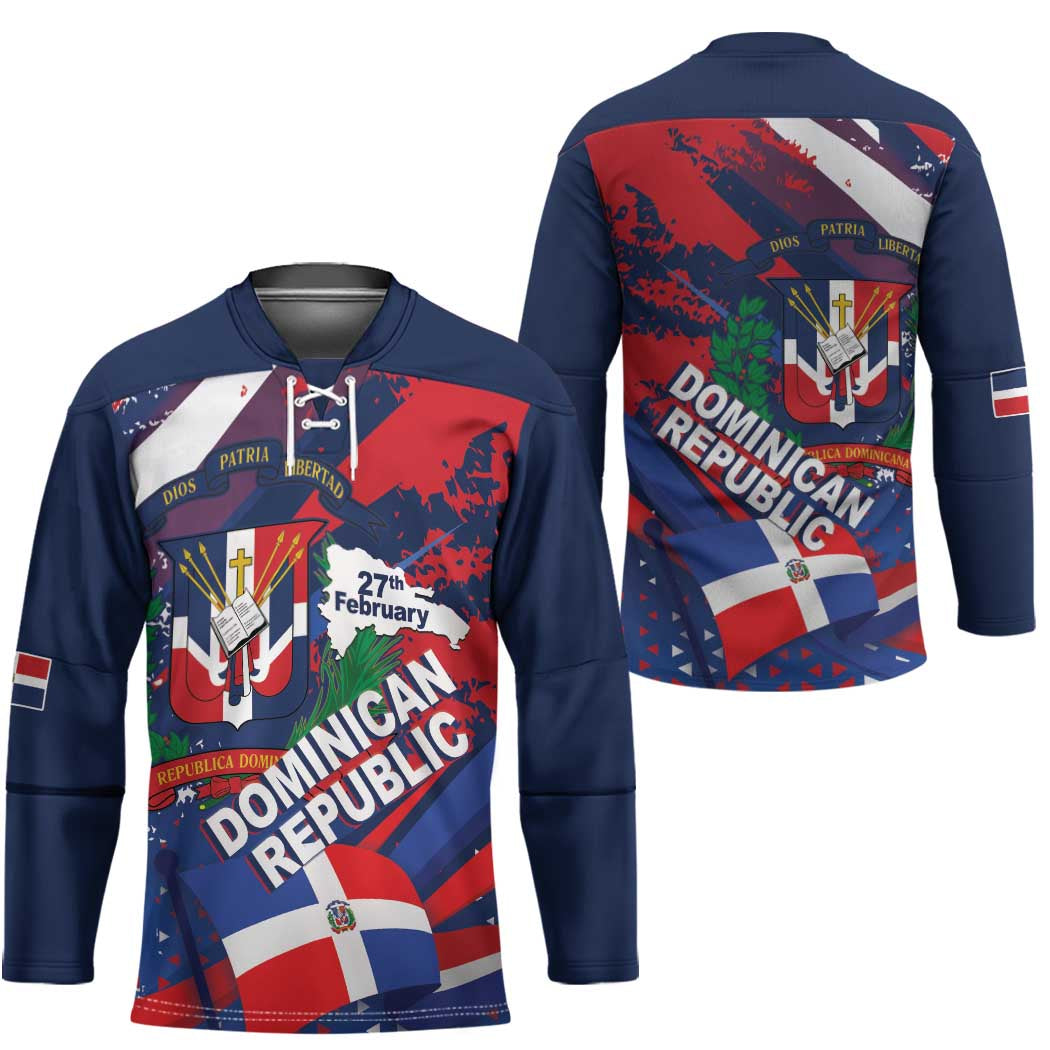 Dominican Republic Independence Day Hockey Jersey 27th February Coat Of Arms Grunge Texture