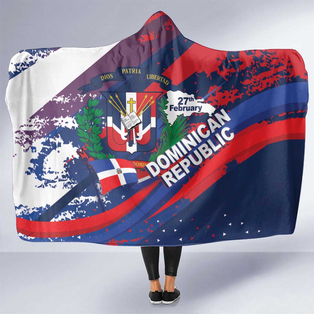 Dominican Republic Independence Day Hooded Blanket 27th February Coat Of Arms Grunge Texture