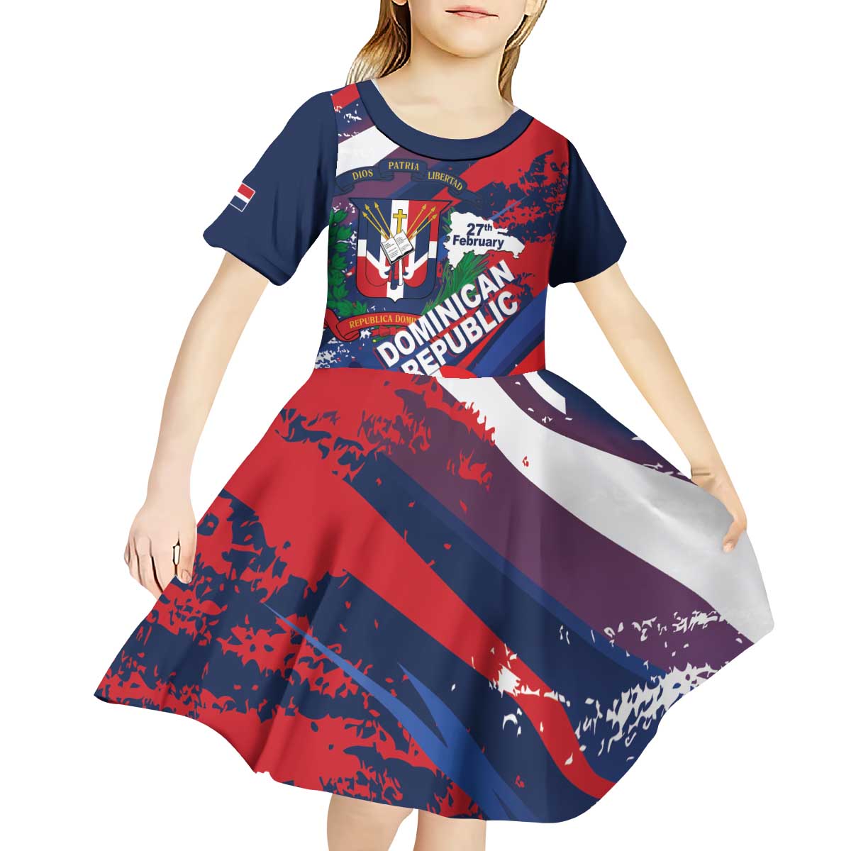 Dominican Republic Independence Day Kid Short Sleeve Dress 27th February Coat Of Arms Grunge Texture