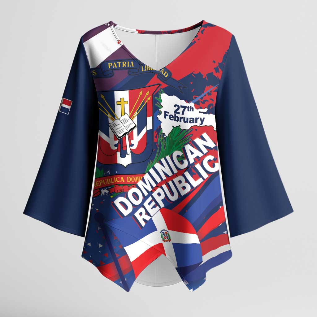 Dominican Republic Independence Day Kimono Sleeve Blouse 27th February Coat Of Arms Grunge Texture