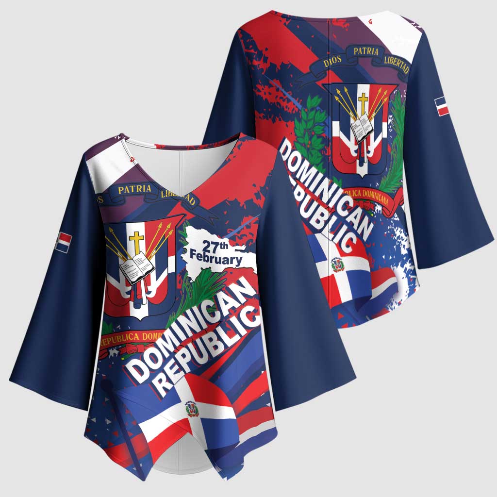 Dominican Republic Independence Day Kimono Sleeve Blouse 27th February Coat Of Arms Grunge Texture