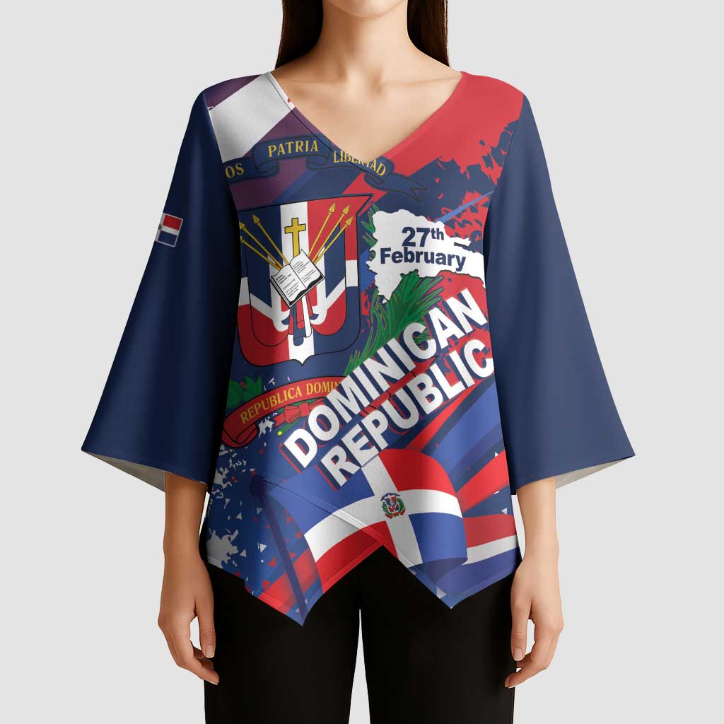 Dominican Republic Independence Day Kimono Sleeve Blouse 27th February Coat Of Arms Grunge Texture