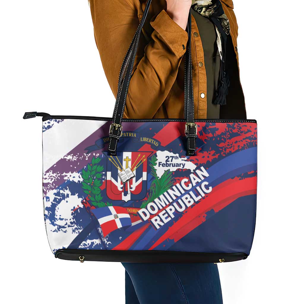 Dominican Republic Independence Day Leather Tote Bag 27th February Coat Of Arms Grunge Texture