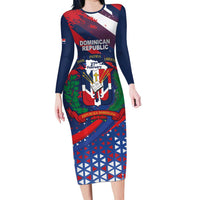 Dominican Republic Independence Day Long Sleeve Bodycon Dress 27th February Coat Of Arms Grunge Texture
