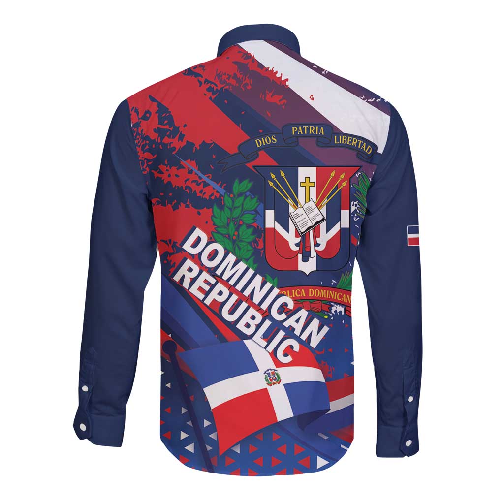 Dominican Republic Independence Day Long Sleeve Button Shirt 27th February Coat Of Arms Grunge Texture