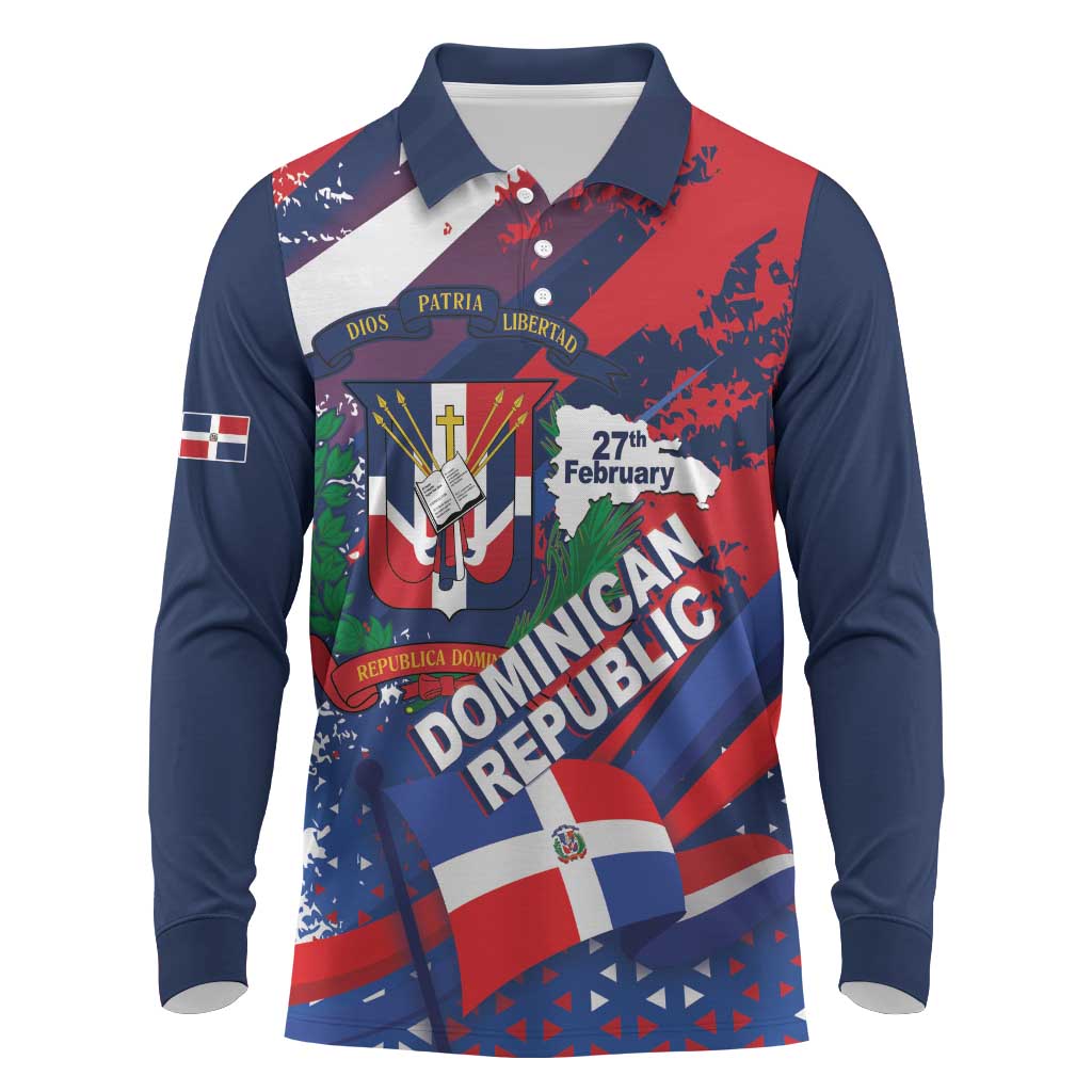 Dominican Republic Independence Day Long Sleeve Polo Shirt 27th February Coat Of Arms Grunge Texture