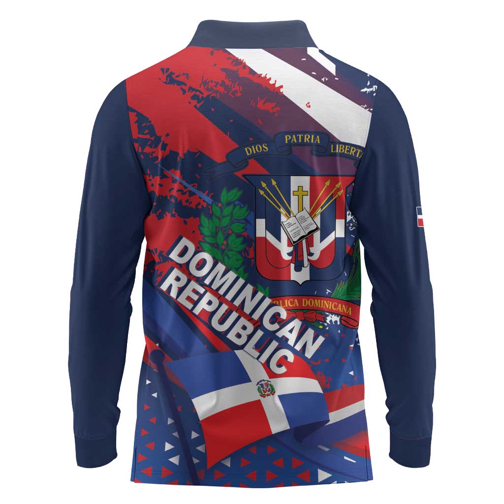 Dominican Republic Independence Day Long Sleeve Polo Shirt 27th February Coat Of Arms Grunge Texture