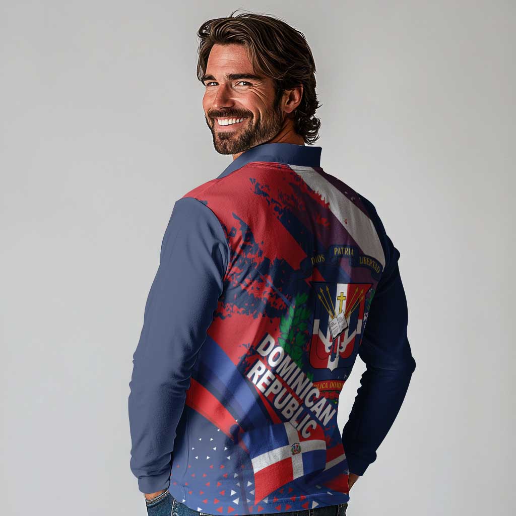 Dominican Republic Independence Day Long Sleeve Polo Shirt 27th February Coat Of Arms Grunge Texture