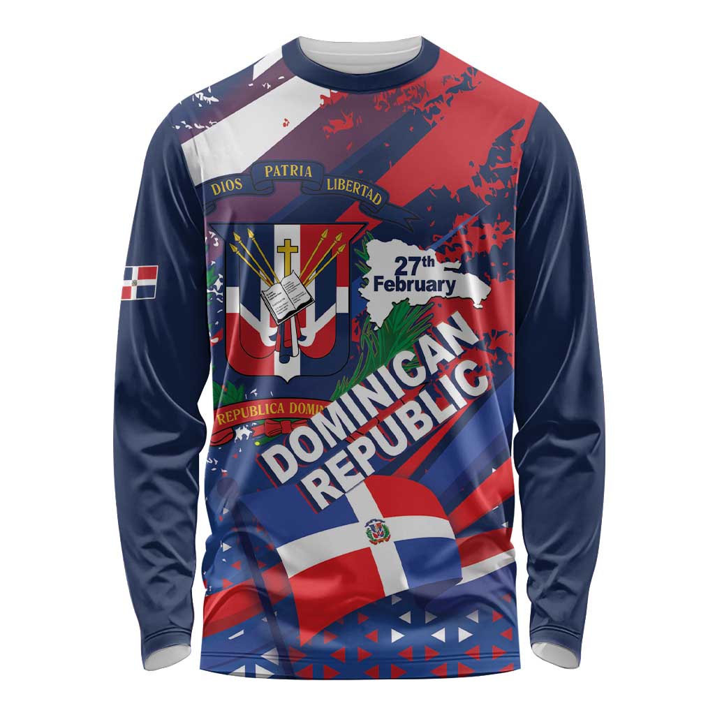 Dominican Republic Independence Day Long Sleeve Shirt 27th February Coat Of Arms Grunge Texture