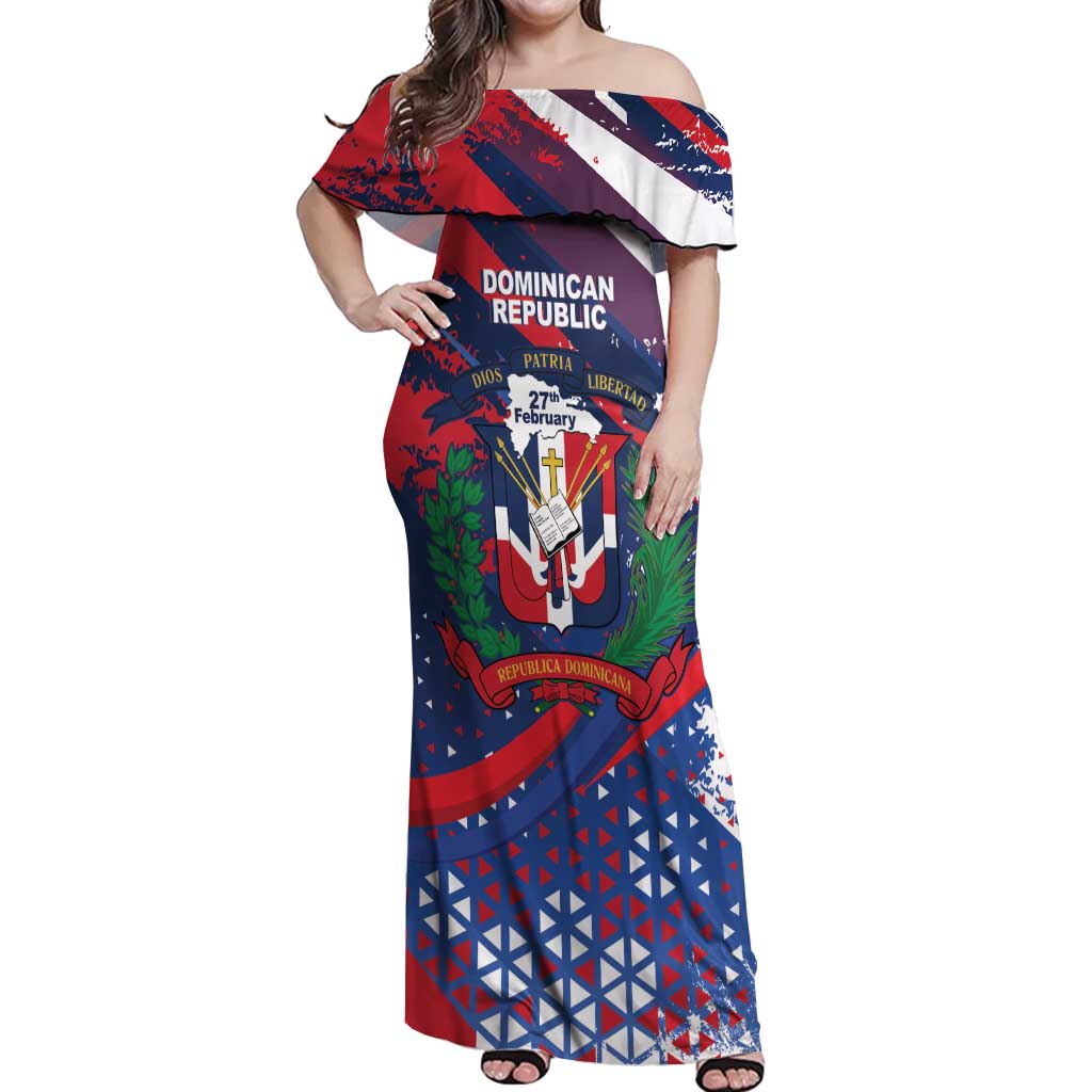 Dominican Republic Independence Day Off Shoulder Maxi Dress 27th February Coat Of Arms Grunge Texture