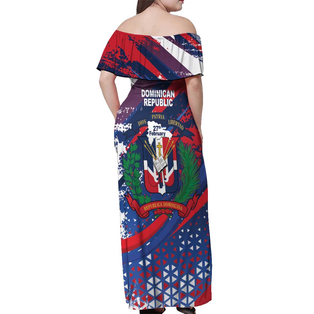 Dominican Republic Independence Day Off Shoulder Maxi Dress 27th February Coat Of Arms Grunge Texture