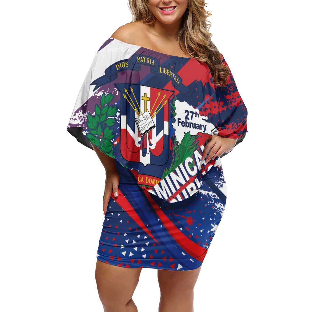Dominican Republic Independence Day Off Shoulder Short Dress 27th February Coat Of Arms Grunge Texture