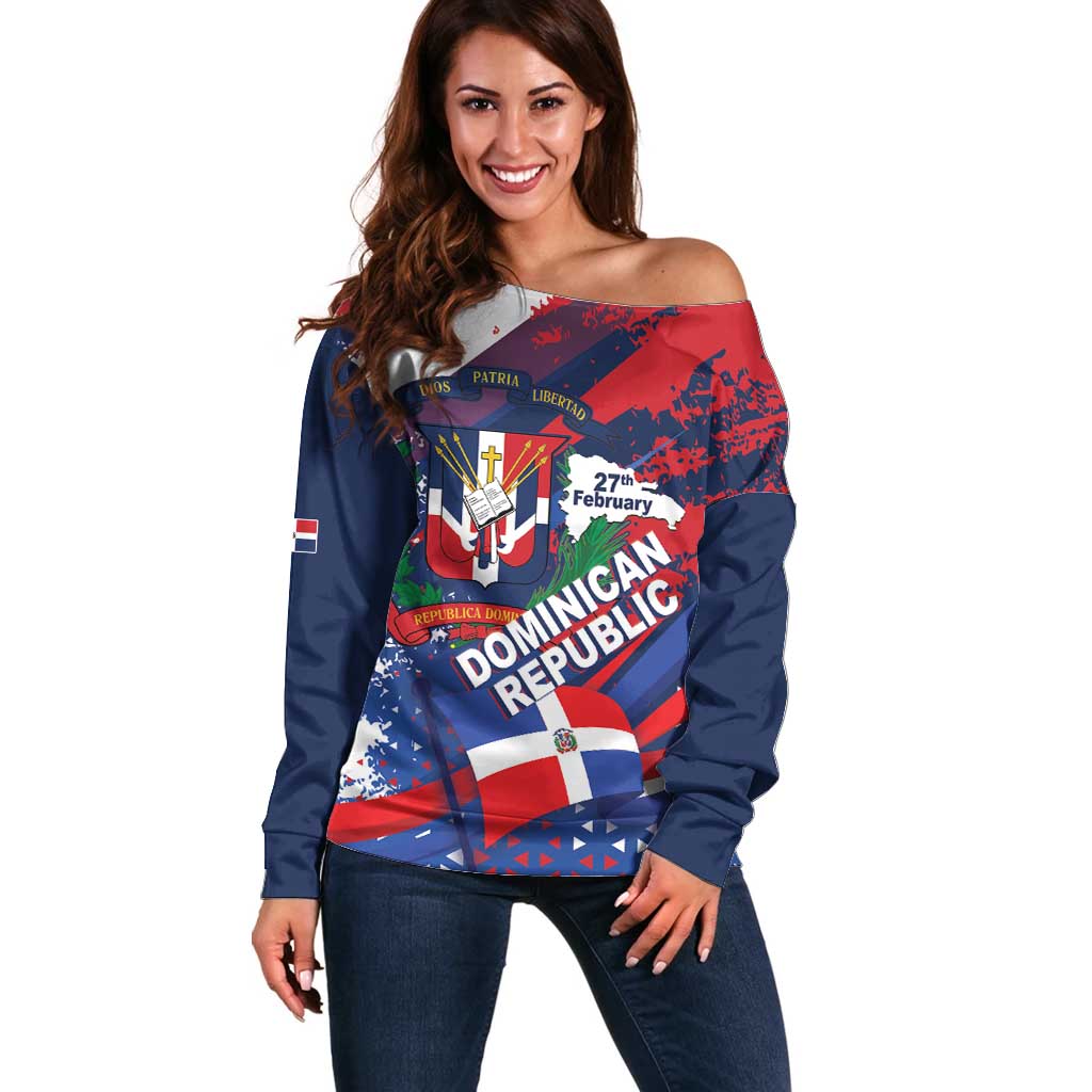 Dominican Republic Independence Day Off Shoulder Sweater 27th February Coat Of Arms Grunge Texture