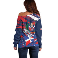 Dominican Republic Independence Day Off Shoulder Sweater 27th February Coat Of Arms Grunge Texture