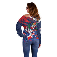 Dominican Republic Independence Day Off Shoulder Sweater 27th February Coat Of Arms Grunge Texture