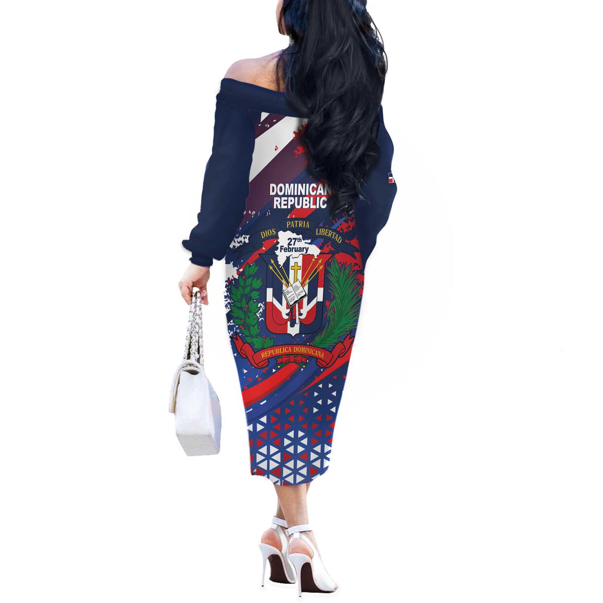 Dominican Republic Independence Day Off The Shoulder Long Sleeve Dress 27th February Coat Of Arms Grunge Texture