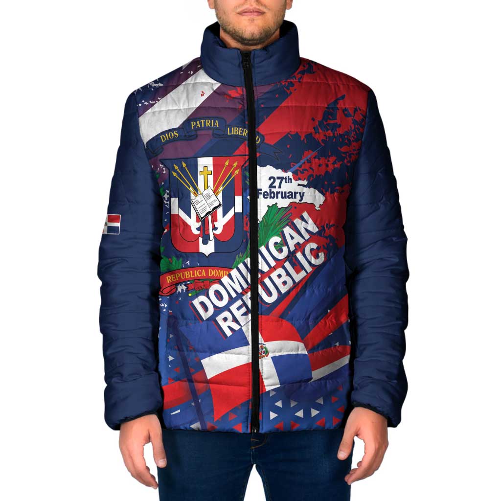 Dominican Republic Independence Day Padded Jacket 27th February Coat Of Arms Grunge Texture