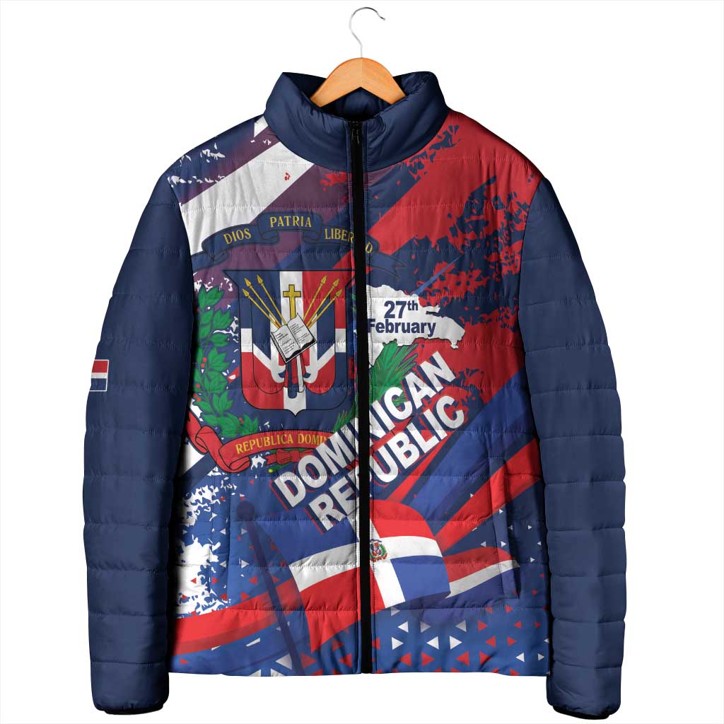 Dominican Republic Independence Day Padded Jacket 27th February Coat Of Arms Grunge Texture