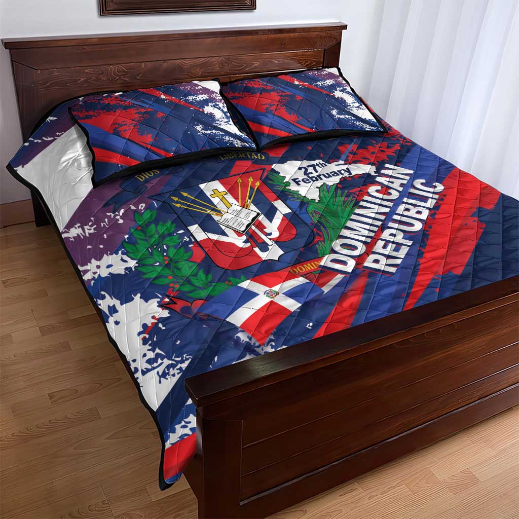 Dominican Republic Independence Day Quilt Bed Set 27th February Coat Of Arms Grunge Texture