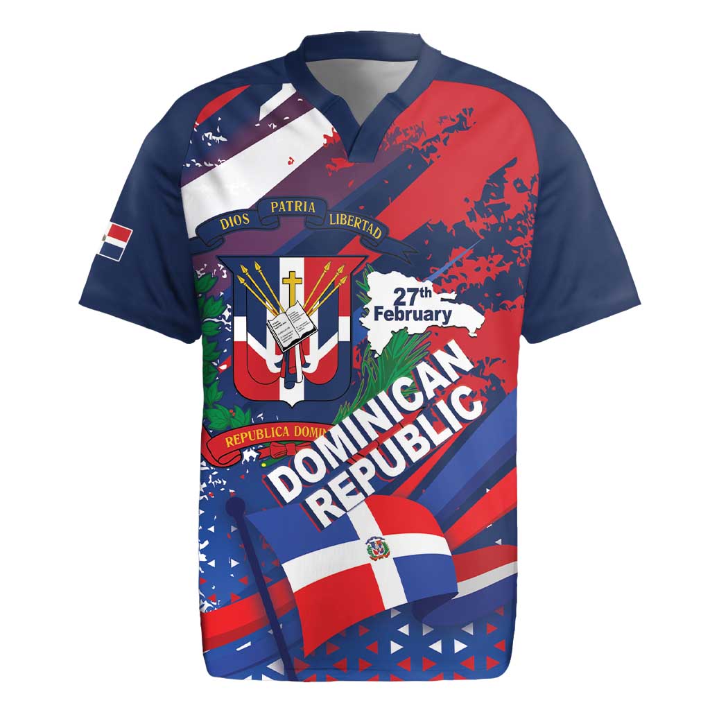 Dominican Republic Independence Day Rugby Jersey 27th February Coat Of Arms Grunge Texture