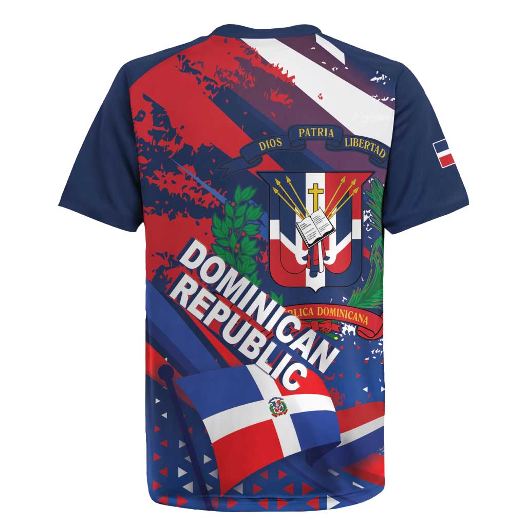 Dominican Republic Independence Day Rugby Jersey 27th February Coat Of Arms Grunge Texture