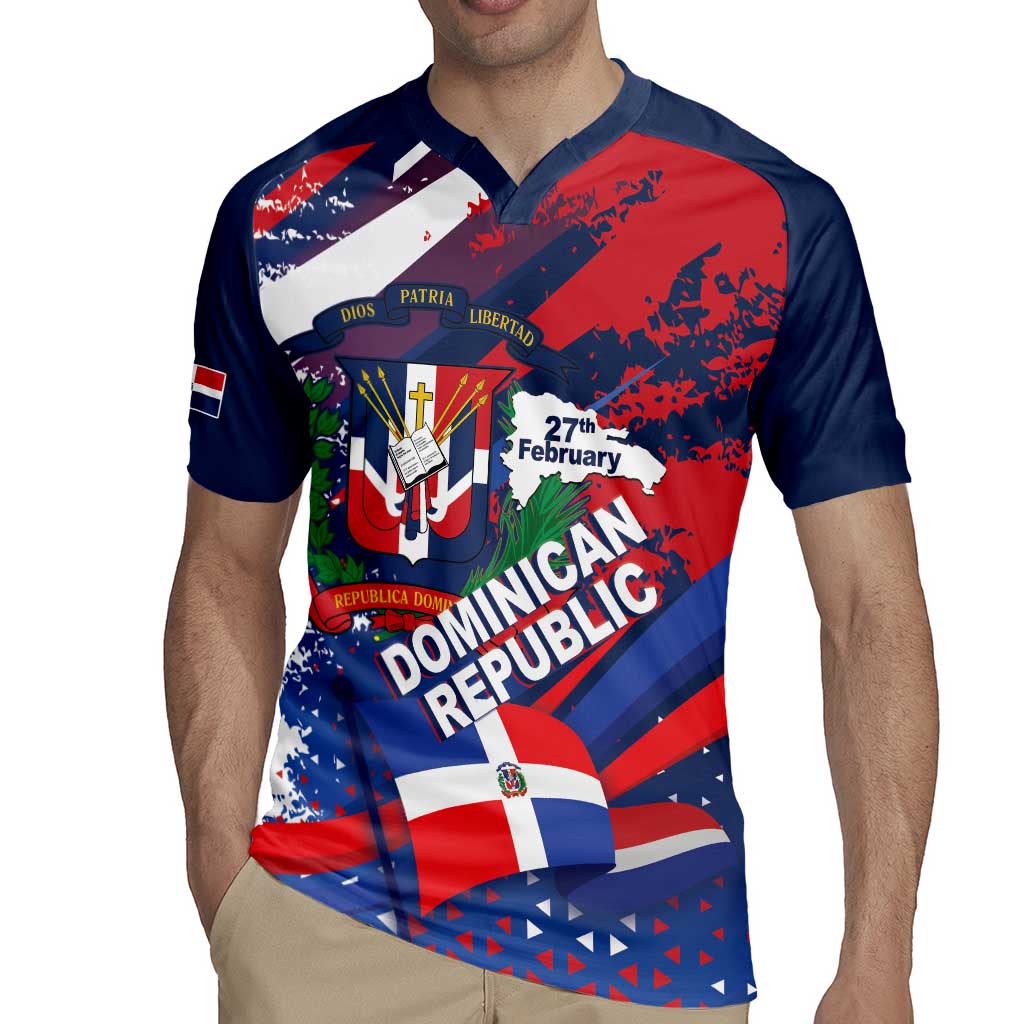Dominican Republic Independence Day Rugby Jersey 27th February Coat Of Arms Grunge Texture