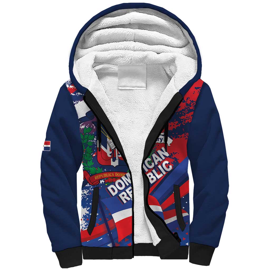 Dominican Republic Independence Day Sherpa Hoodie 27th February Coat Of Arms Grunge Texture