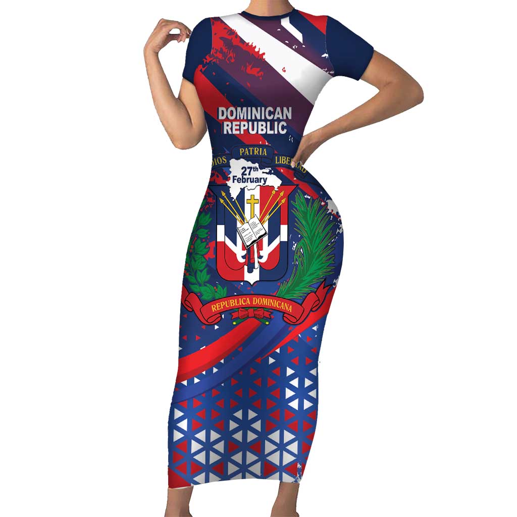 Dominican Republic Independence Day Short Sleeve Bodycon Dress 27th February Coat Of Arms Grunge Texture