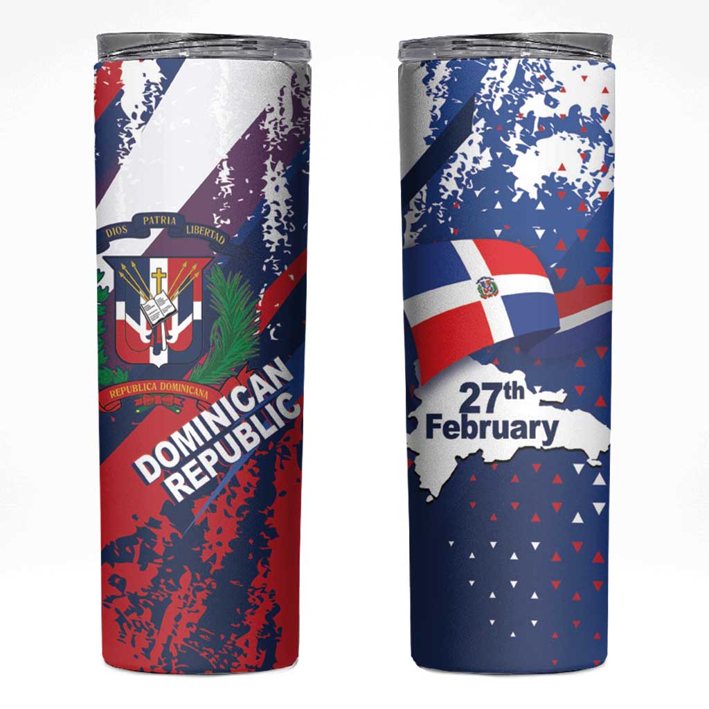 Dominican Republic Independence Day Skinny Tumbler 27th February Coat Of Arms Grunge Texture