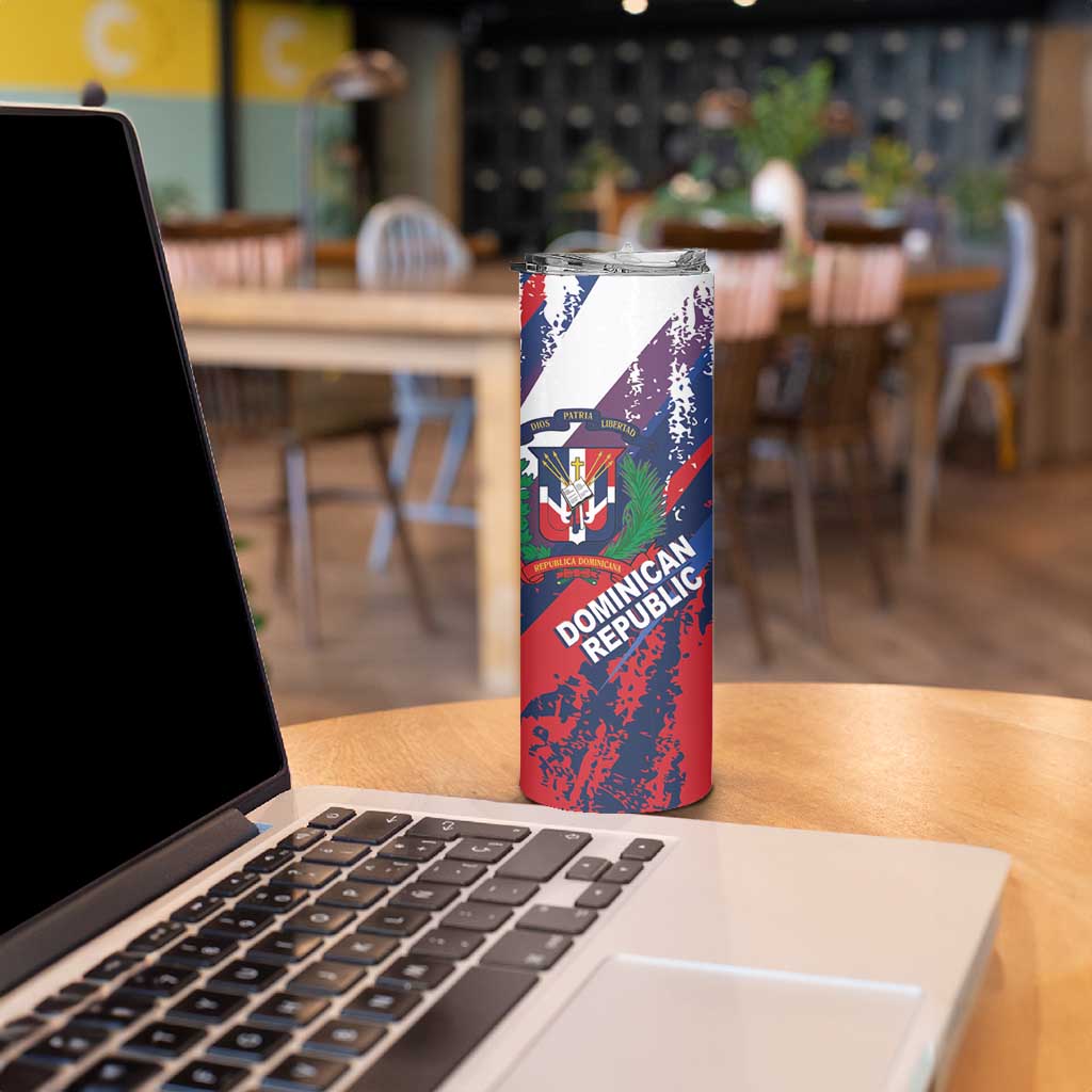 Dominican Republic Independence Day Skinny Tumbler 27th February Coat Of Arms Grunge Texture