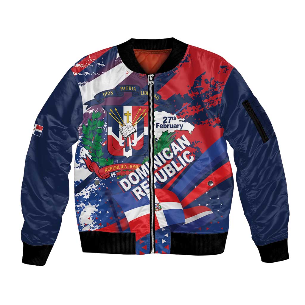 Dominican Republic Independence Day Sleeve Zip Bomber Jacket 27th February Coat Of Arms Grunge Texture