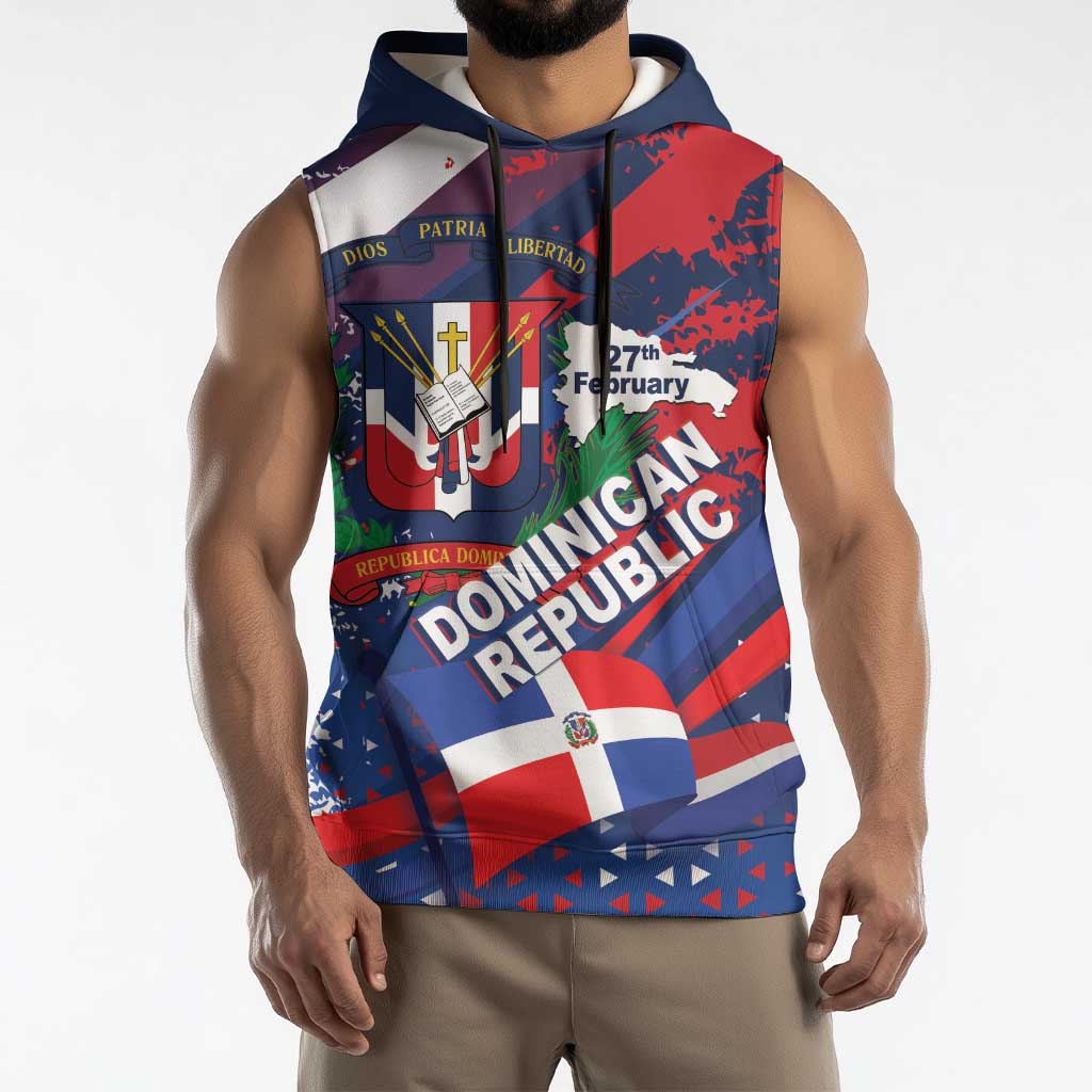 Dominican Republic Independence Day Sleeveless Hoodie 27th February Coat Of Arms Grunge Texture