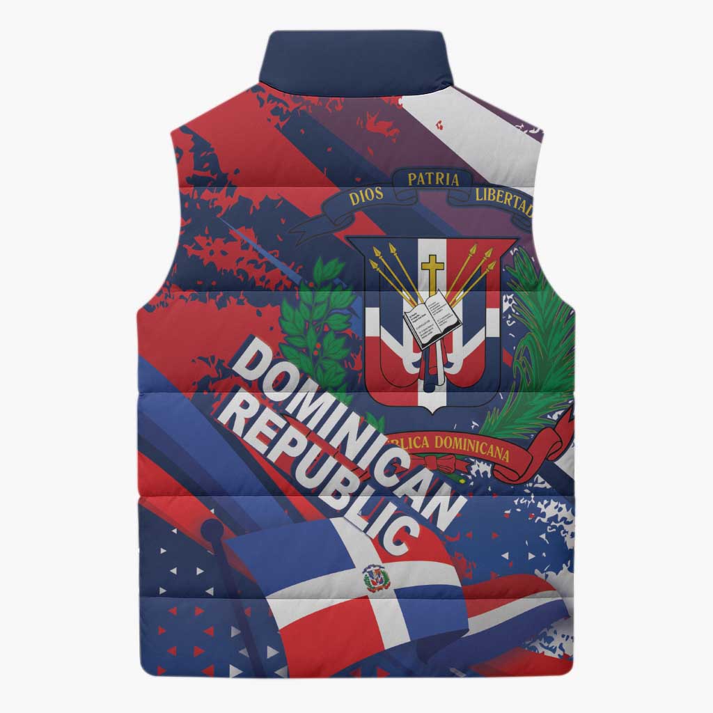 Dominican Republic Independence Day Sleeveless Puffer Jacket 27th February Coat Of Arms Grunge Texture
