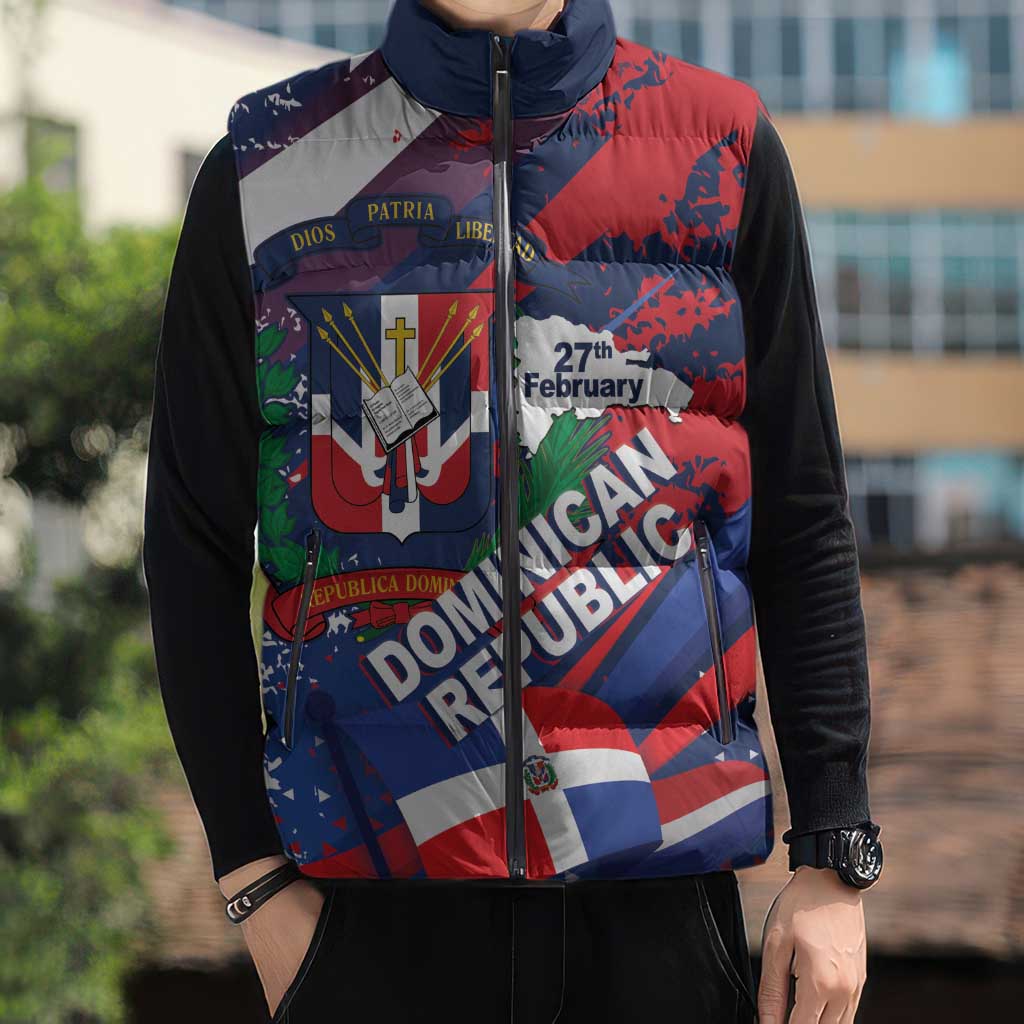 Dominican Republic Independence Day Sleeveless Puffer Jacket 27th February Coat Of Arms Grunge Texture