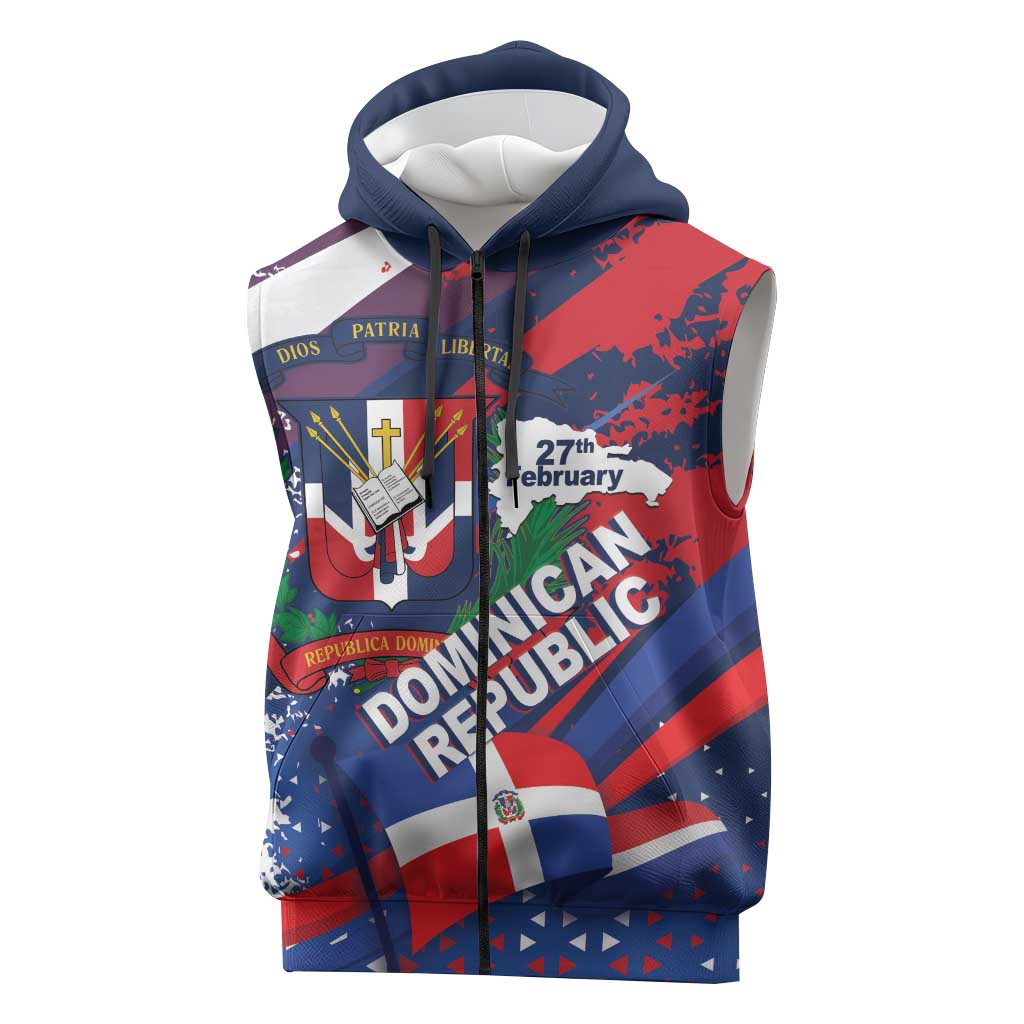 Dominican Republic Independence Day Sleeveless Zip Hoodie 27th February Coat Of Arms Grunge Texture