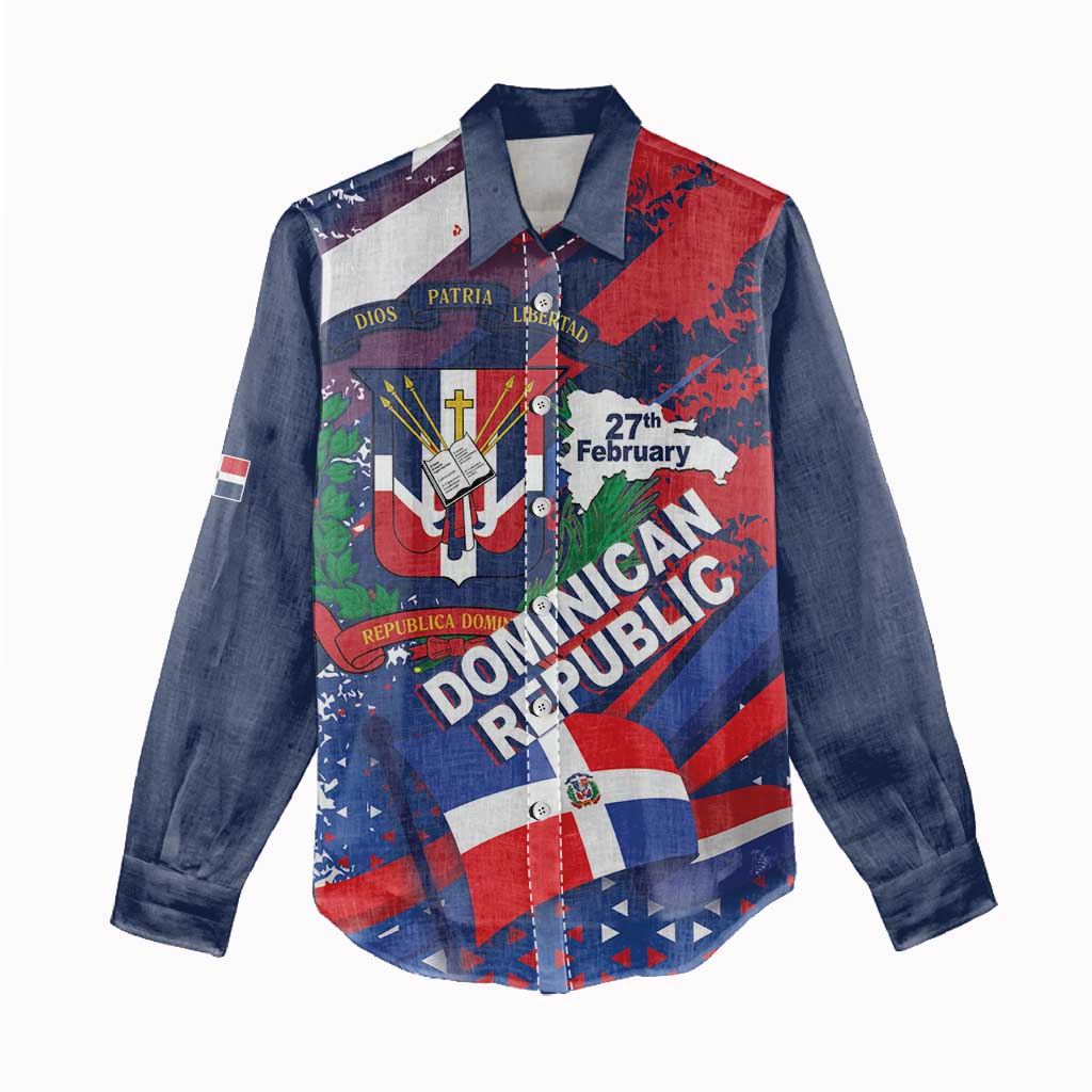 Dominican Republic Independence Day Women Casual Shirt 27th February Coat Of Arms Grunge Texture