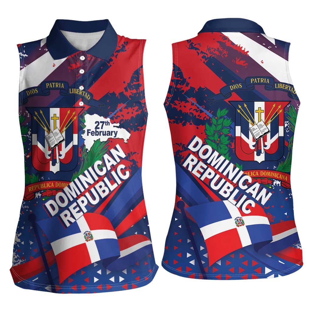 Dominican Republic Independence Day Women Sleeveless Polo Shirt 27th February Coat Of Arms Grunge Texture