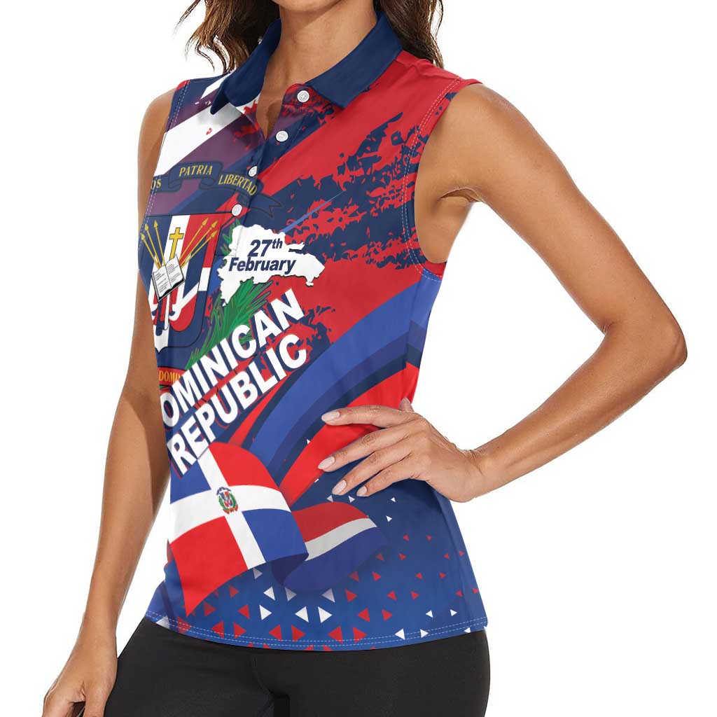 Dominican Republic Independence Day Women Sleeveless Polo Shirt 27th February Coat Of Arms Grunge Texture