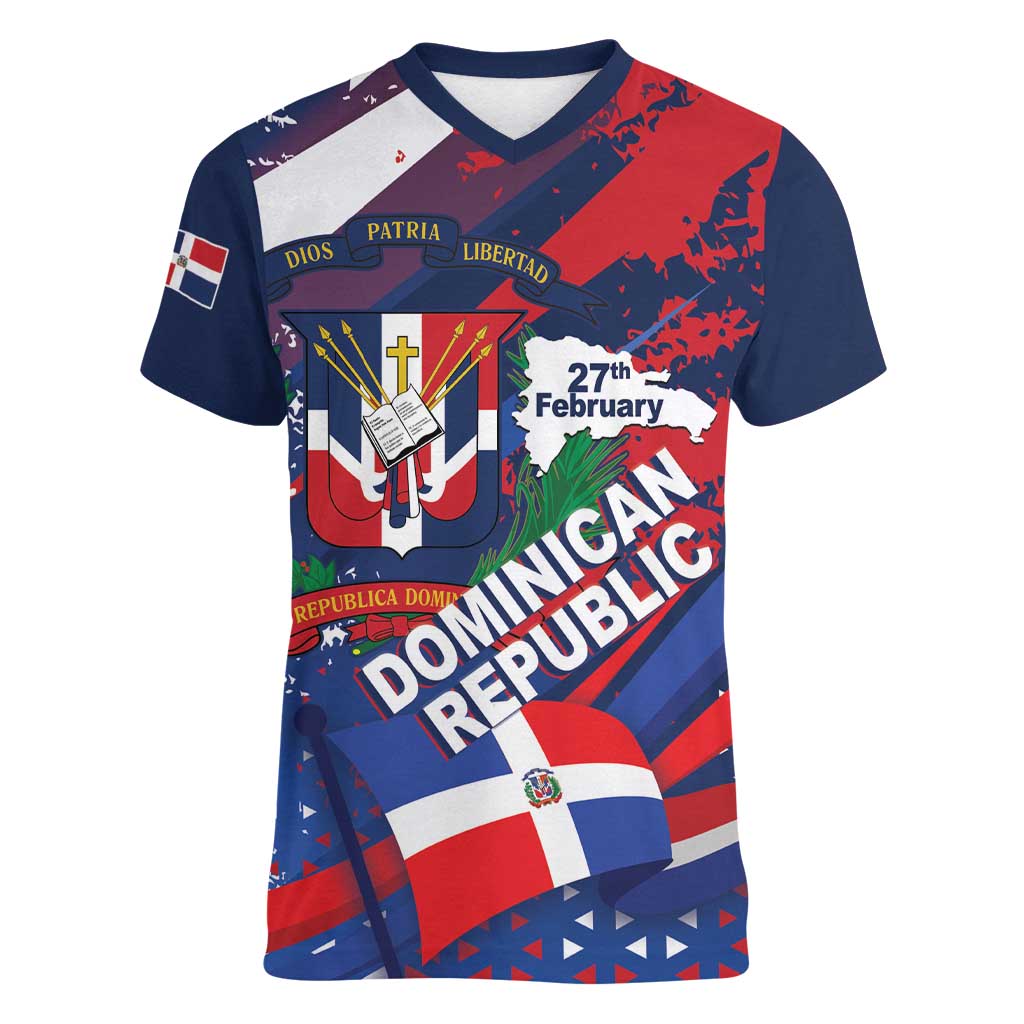 Dominican Republic Independence Day Women V-Neck T-Shirt 27th February Coat Of Arms Grunge Texture