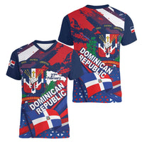 Dominican Republic Independence Day Women V-Neck T-Shirt 27th February Coat Of Arms Grunge Texture