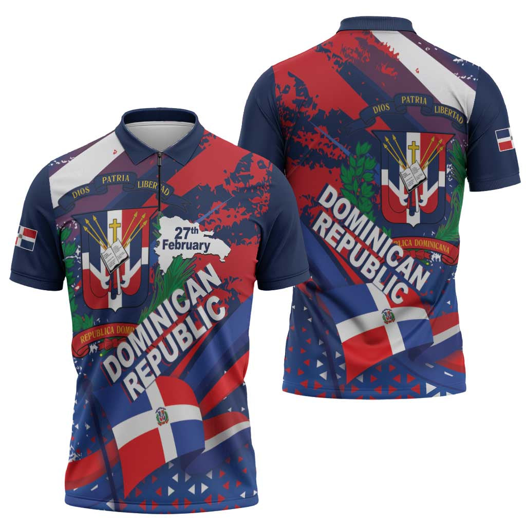 Dominican Republic Independence Day Zipper Polo Shirt 27th February Coat Of Arms Grunge Texture